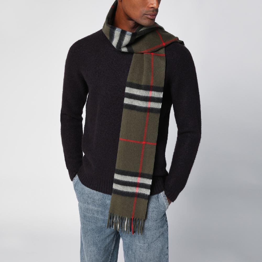 Burberry Sciarpa Verde Scura Motivo Check In Cashmere