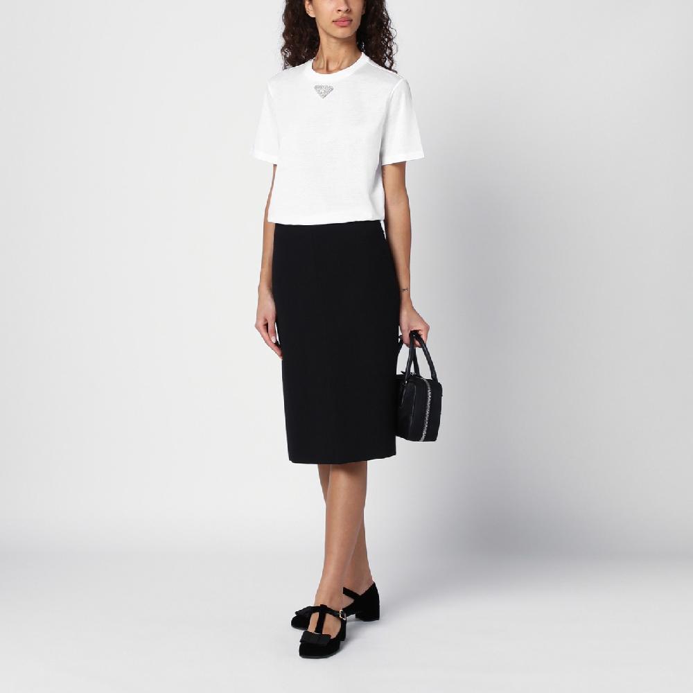 Prada T-shirt Bianca In Jersey Con Logo Triangolo Ricamato