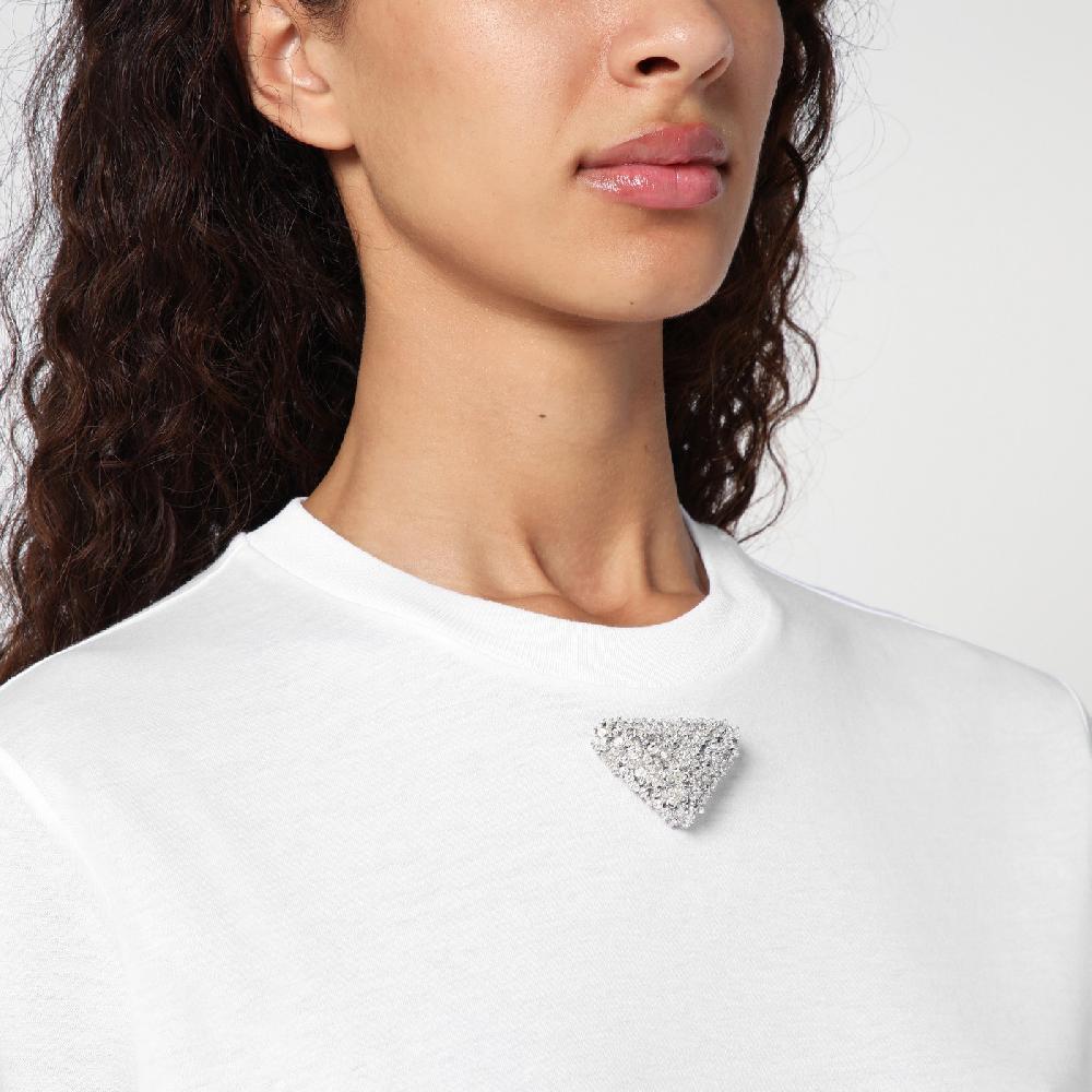 Prada T-shirt Bianca In Jersey Con Logo Triangolo Ricamato