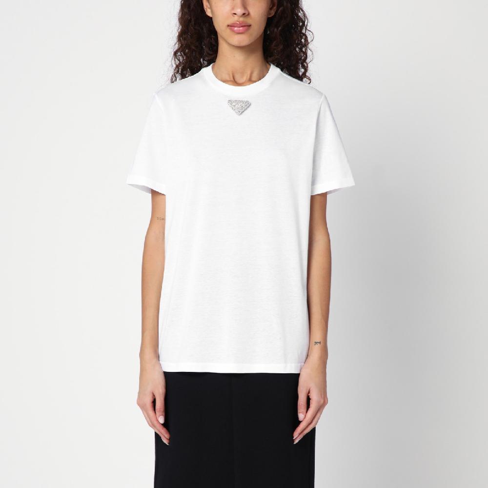 Prada T-shirt bianca in jersey con logo triangolo ricamato