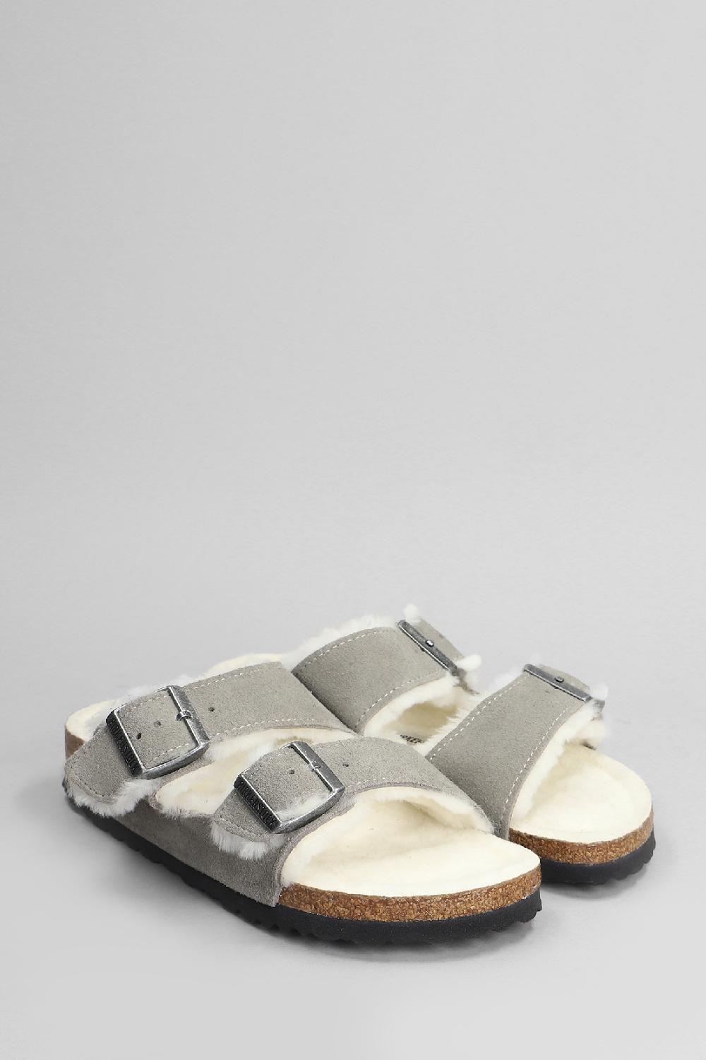 Deliberti Birkenstock Sandali Flats Arizona Shearling In Camoscio Grigio Cod. 404727 - Deliberti The Luxury Shopping