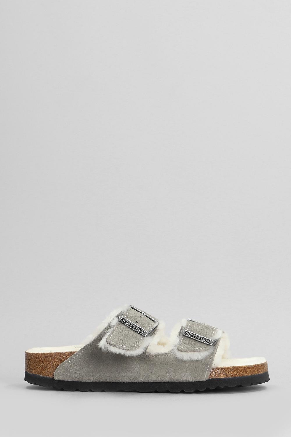 Deliberti Birkenstock Sandali flats arizona shearling in camoscio grigio cod. 404727 - Deliberti The Luxury Shopping