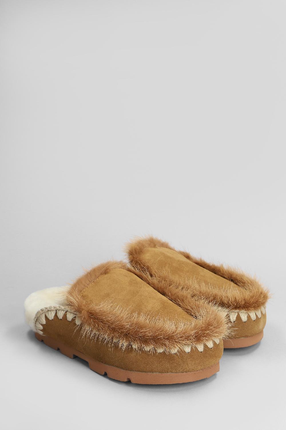 Deliberti Mou Slipper-mule Winter Bio Fur Trim In Camoscio Marrone Cod. 408448 - Deliberti The Luxury Shopping