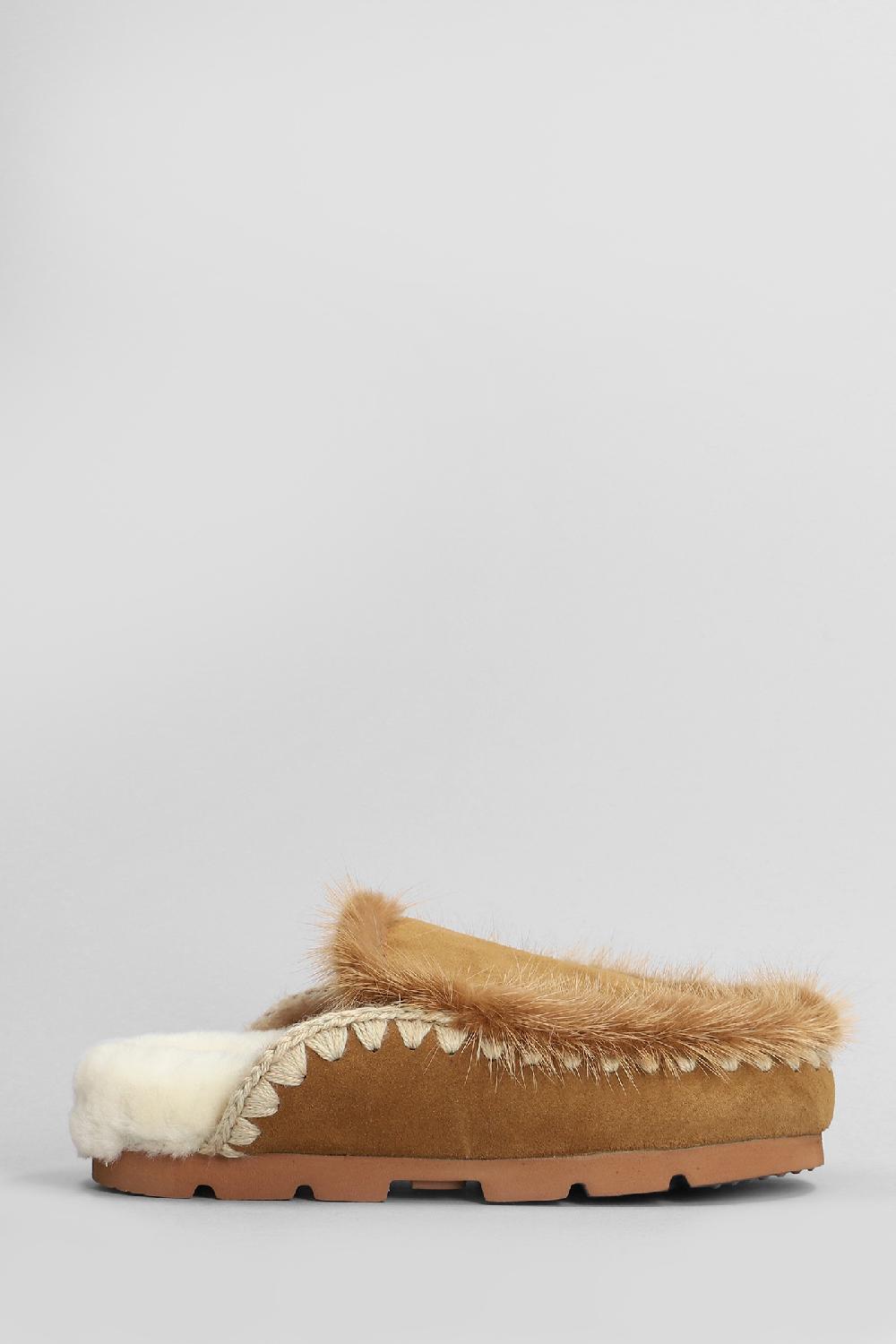 Deliberti Mou Slipper-mule winter bio fur trim in camoscio marrone cod. 408448 - Deliberti The Luxury Shopping