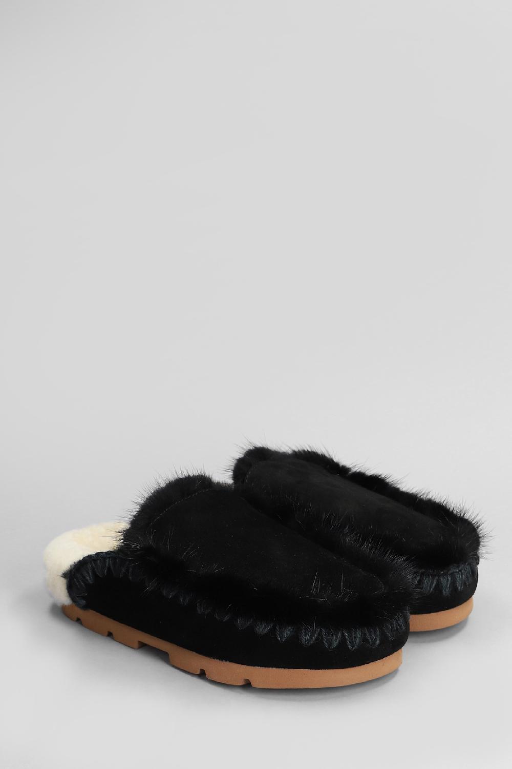 Deliberti Mou Slipper-mule Winter Bio Fur Trim In Camoscio Nero Cod. 408447 - Deliberti The Luxury Shopping