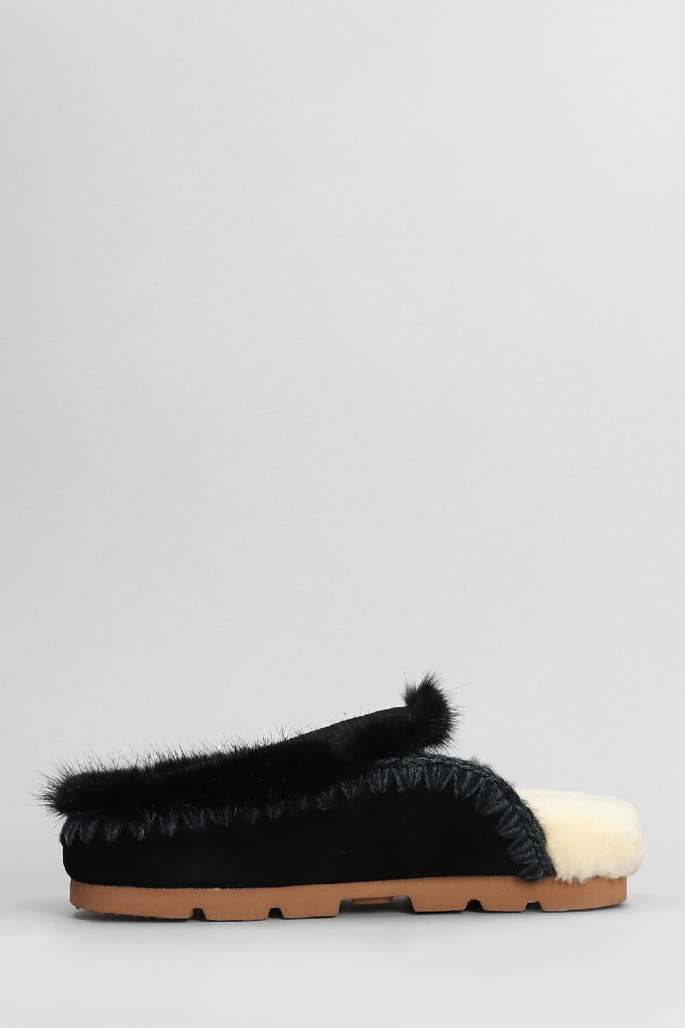 Deliberti Mou Slipper-mule Winter Bio Fur Trim In Camoscio Nero Cod. 408447 - Deliberti The Luxury Shopping