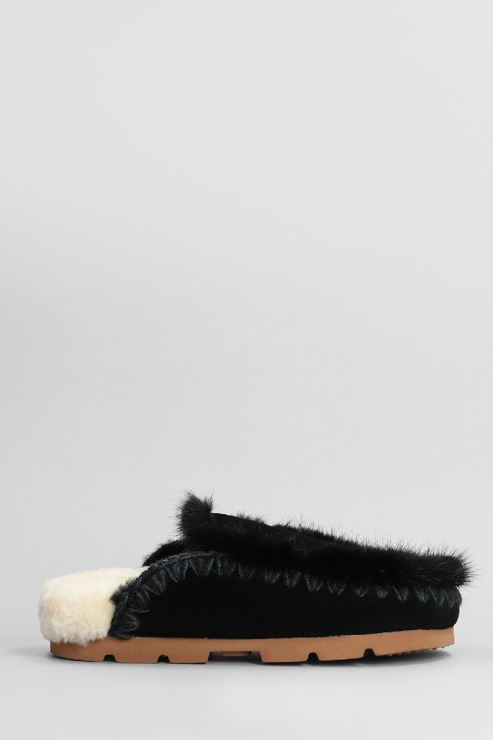 Deliberti Mou Slipper-mule winter bio fur trim in camoscio nero cod. 408447 - Deliberti The Luxury Shopping