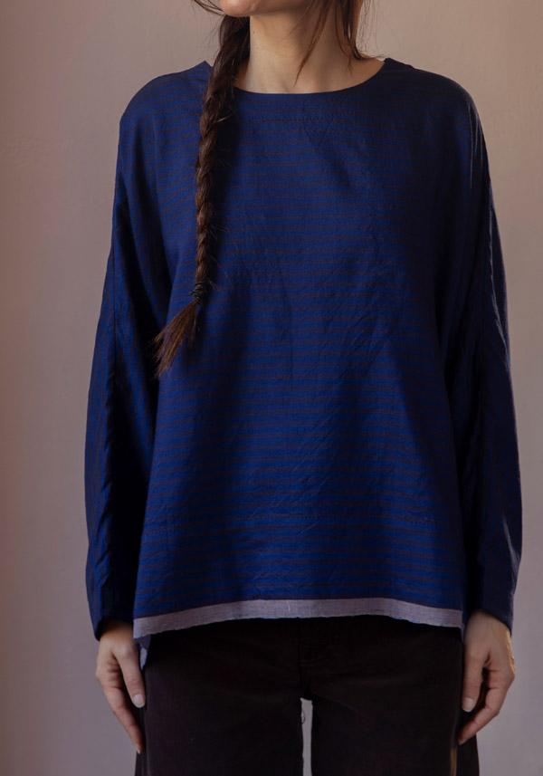 Rose & Lini AODRESS WOOL “BLOUSE 1” LAPIS & BROWN STRIPES