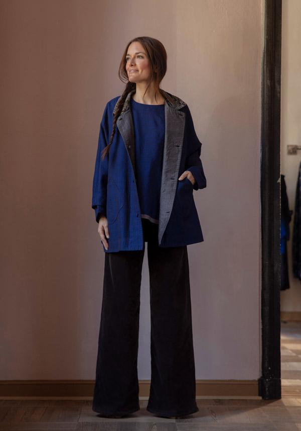 Rose & Lini AODRESS WOOL “BLOUSE 1” LAPIS & BROWN STRIPES