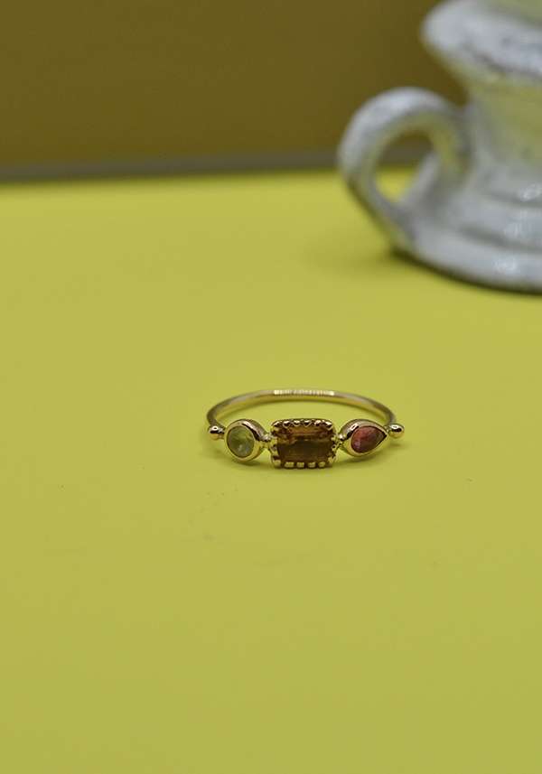 Rose & Lini DORETTE CITRINE & PINK TOURMALINE “BAGUE SIMPLE” GOLD RING