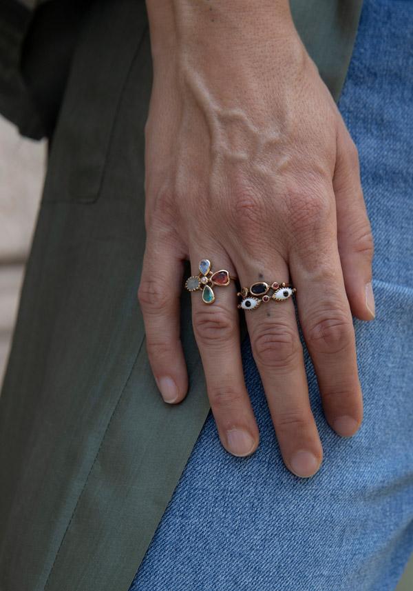 Rose & Lini DORETTE MULTICOLOR “BAGUE TRÈFLE” GOLD RING