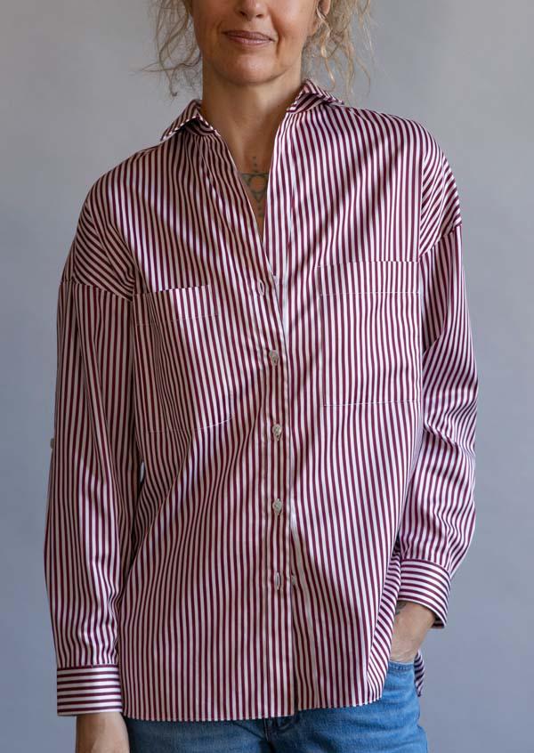 Rose & Lini FINAMORE BORDEAUX & WHITE STRIPED “SONIA” SHIRT