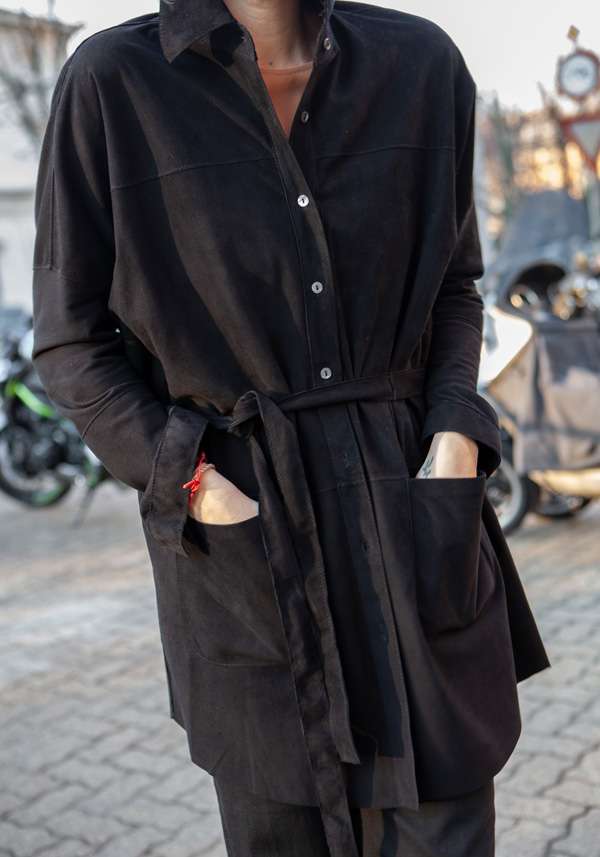 Rose & Lini GIORGIO BRATO BLACK SUEDE LEATHER MAXI SHIRT