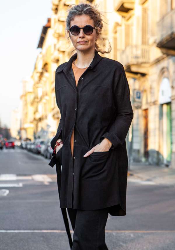 Rose & Lini GIORGIO BRATO BLACK SUEDE LEATHER MAXI SHIRT