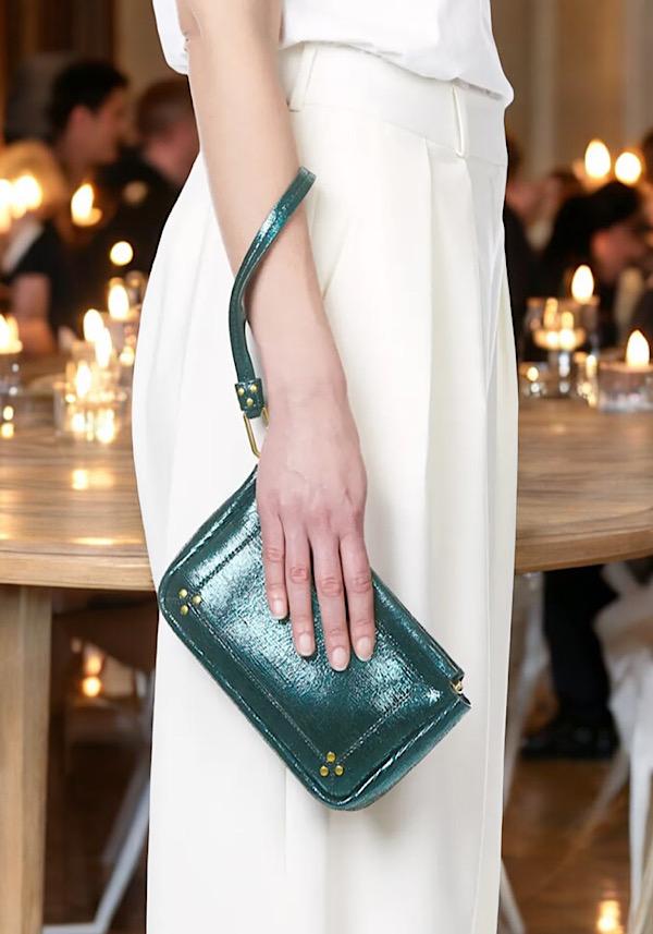 Rose & Lini JÉRÔME DREYFUSS “CLAP M” LAMÈ GREEN CLUTCH BAG