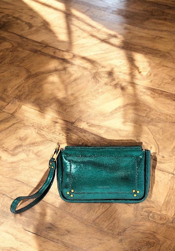 Rose & Lini JÉRÔME DREYFUSS “CLAP M” LAMÈ GREEN CLUTCH BAG