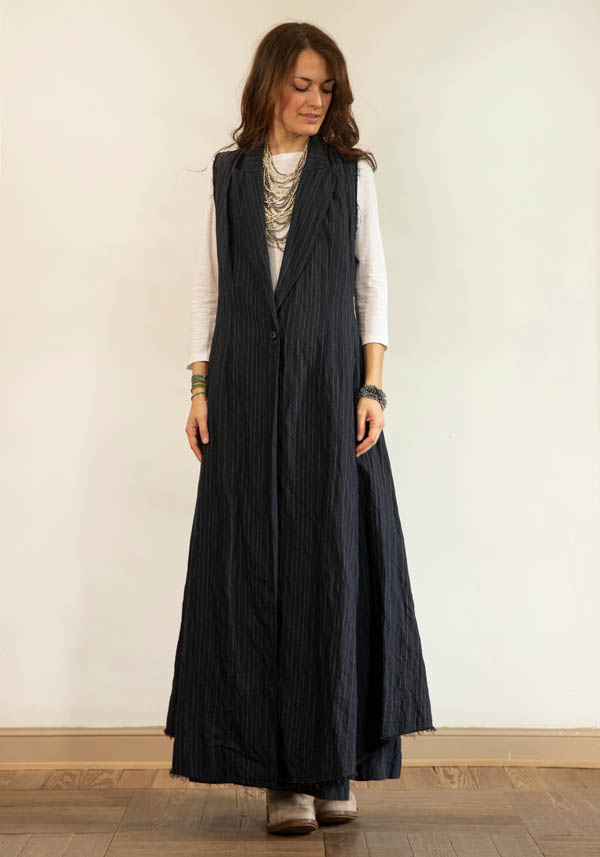 Rose & Lini MARC LE BIHAN BLACK COTTON & HEMP “MANTEAU 2331” LONG VEST JACKET