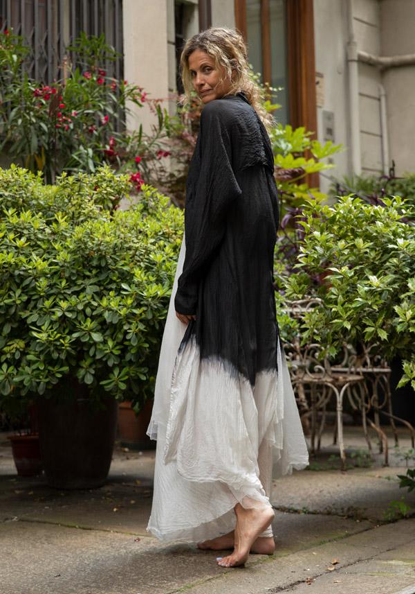 Rose & Lini MARC LE BIHAN SILK IVORY & BLACK “IMPER 2300” LONG JACKET