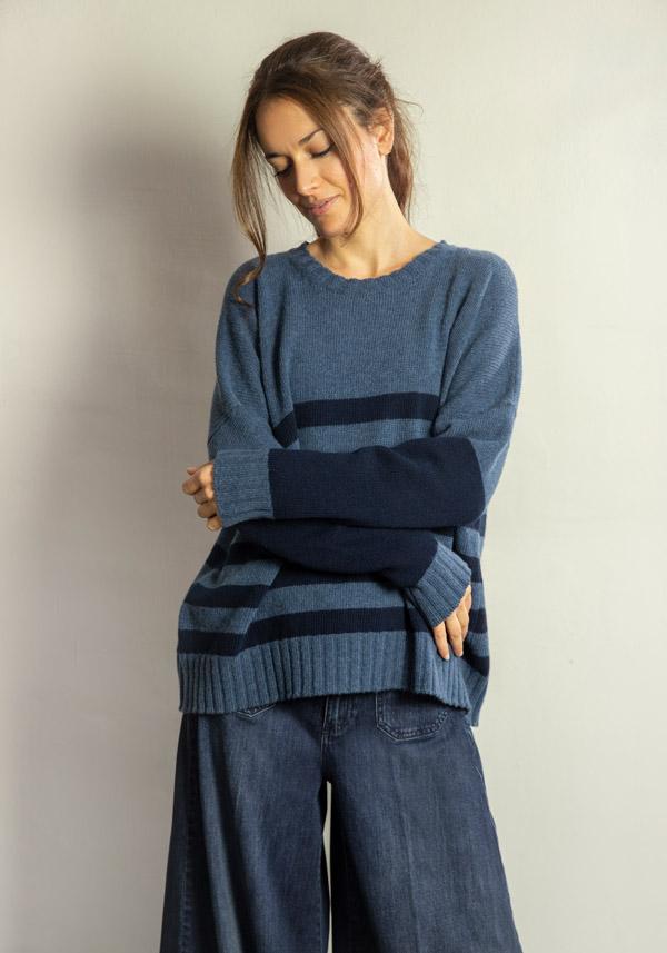 Rose & Lini MARCHÉ DES PALMIERS WOOL “GINEVRINA” STRIPED PULL BORMIDA & BLUE