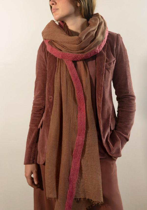 Rose & Lini MIRROR IN THE SKY CASHMERE “GRAN SOUFFLE SEMI-FELTED SHAWL” HAZELNUT & CHILI