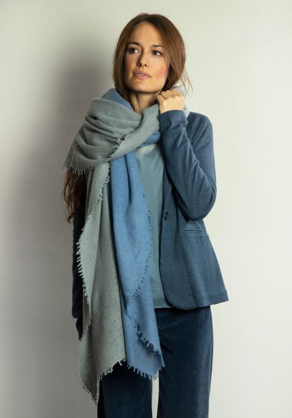 Rose & Lini MIRROR IN THE SKY CASHMERE “OPEN KNITTED DEGRADEE” GRANITE & WATER SCARF