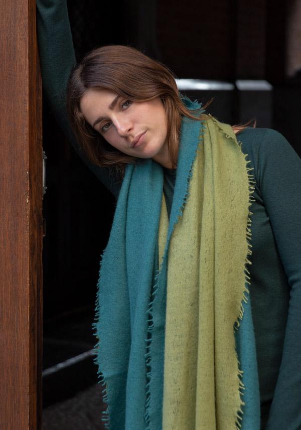 Rose & Lini MIRROR IN THE SKY CASHMERE “OPEN KNITTED DEGRADEE” PINE & MOSS SCARF