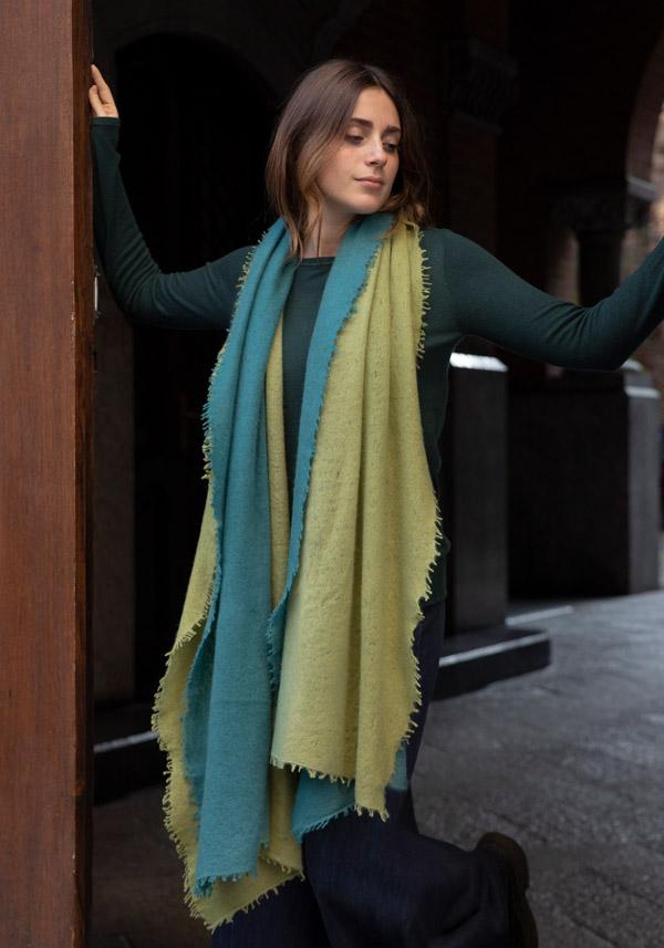 Rose & Lini MIRROR IN THE SKY CASHMERE “OPEN KNITTED DEGRADEE” PINE & MOSS SCARF