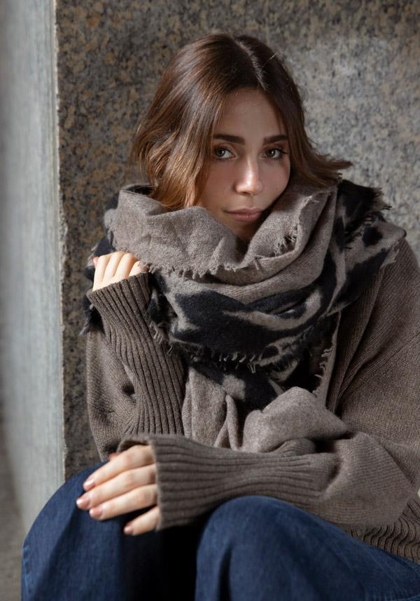 Rose & Lini MIRROR IN THE SKY CASHMERE “OPEN KNITTED MELANGE” COFFEE SCARF