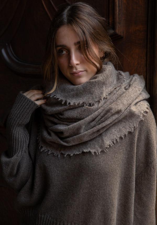Rose & Lini MIRROR IN THE SKY CASHMERE “OPEN KNITTED MELANGE” COFFEE SCARF