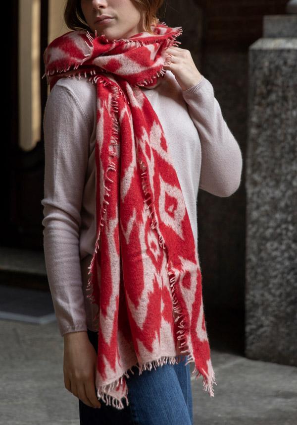 Rose & Lini MIRROR IN THE SKY CASHMERE “OPEN KNITTED PRINT” BEIGE & FIERY SCARF