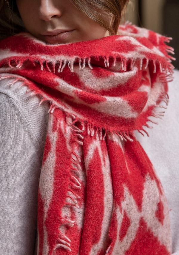 Rose & Lini MIRROR IN THE SKY CASHMERE “OPEN KNITTED PRINT” BEIGE & FIERY SCARF