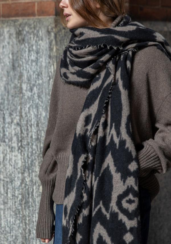 Rose & Lini MIRROR IN THE SKY CASHMERE “OPEN KNITTED PRINT” COFFEE & BLACK SCARF