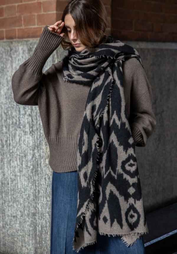 Rose & Lini MIRROR IN THE SKY CASHMERE “OPEN KNITTED PRINT” COFFEE & BLACK SCARF