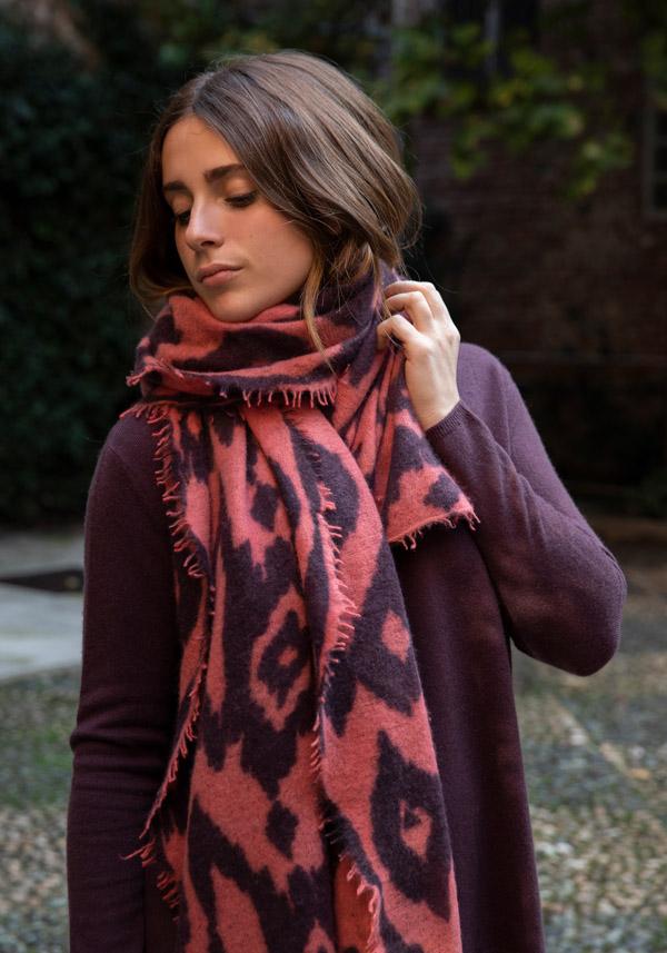 Rose & Lini MIRROR IN THE SKY CASHMERE “OPEN KNITTED PRINT” SHRIMP & INKPOT SCARF