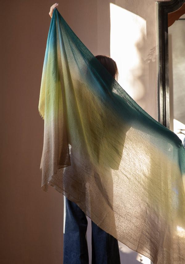 Rose & Lini MIRROR IN THE SKY CASHMERE “SOUFFLE SEMI-FELTED SHAWL” GREENS