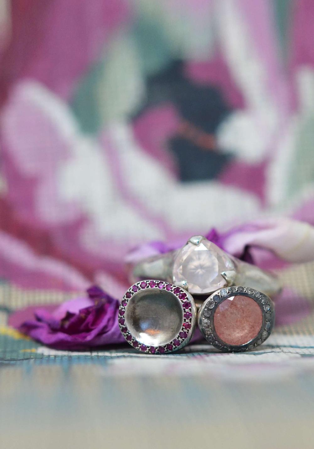 Rose & Lini ROSAMARIA SILVER “BEENU” DIAMONDS & PINK QUARTZ RING