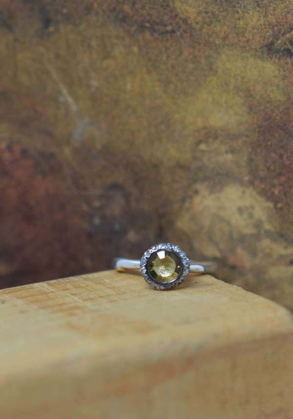 Rose & Lini ROSAMARIA SILVER “BELQUIS” DIAMONDS & BEER QUARTZ RING