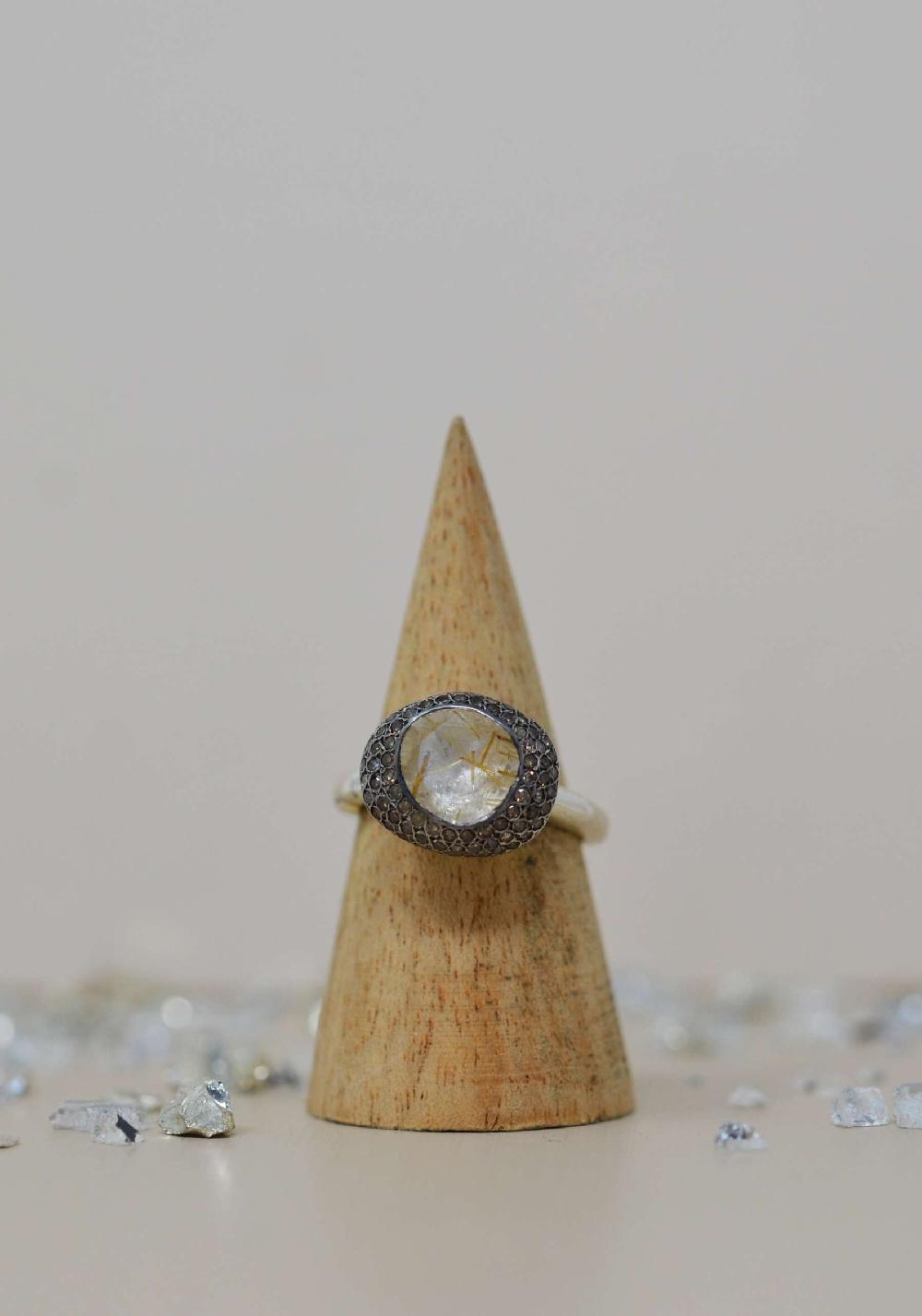 Rose & Lini ROSAMARIA SILVER “CARRIE” DIAMONDS & RUTILATED QUARTZ RING