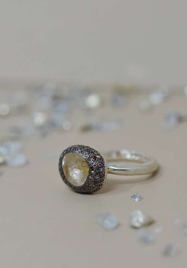 Rose & Lini ROSAMARIA SILVER “CARRIE” DIAMONDS & RUTILATED QUARTZ RING