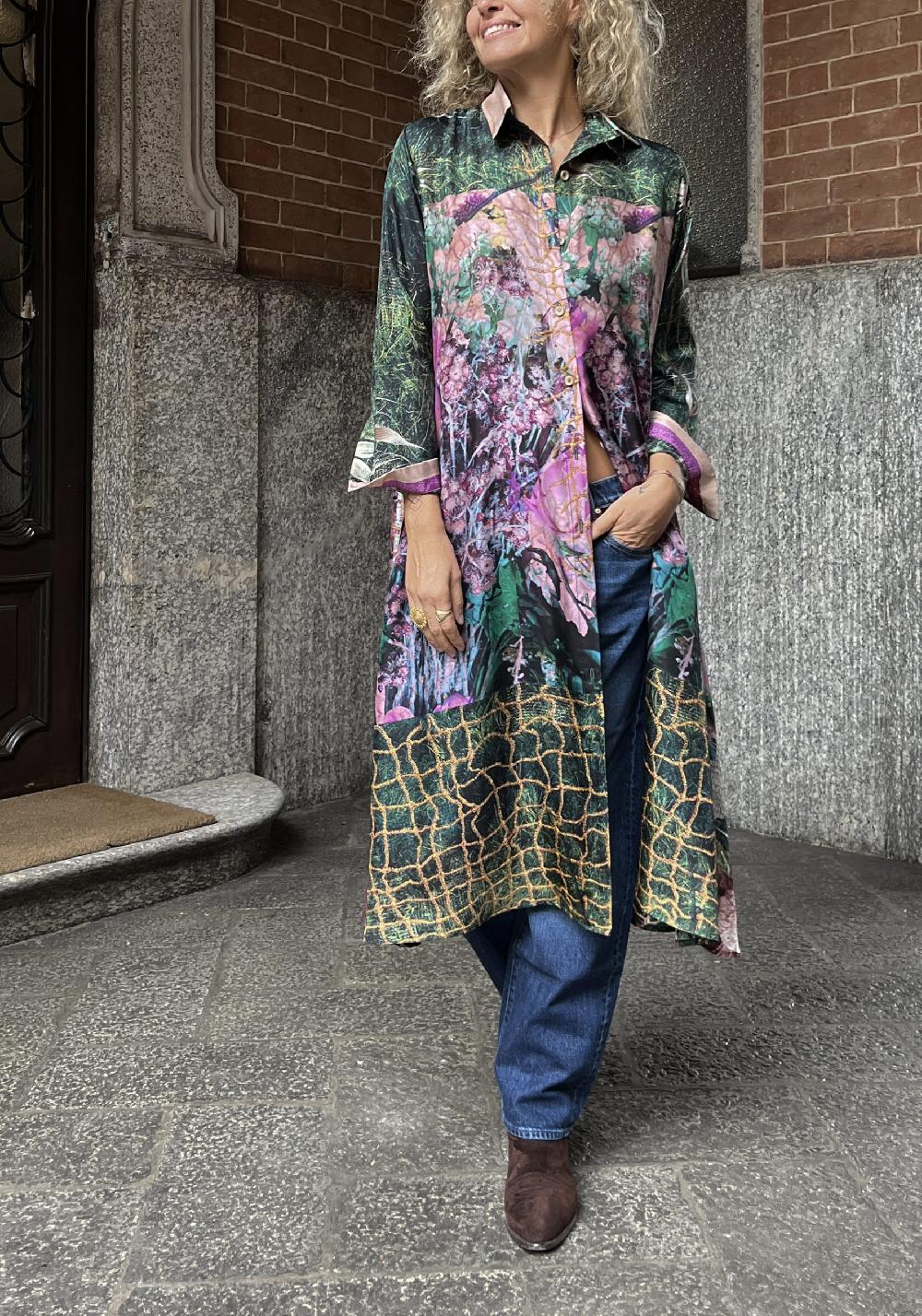 Rose & Lini BOKJA SILK GREEN PATTERNED LONG “Z DRESS”