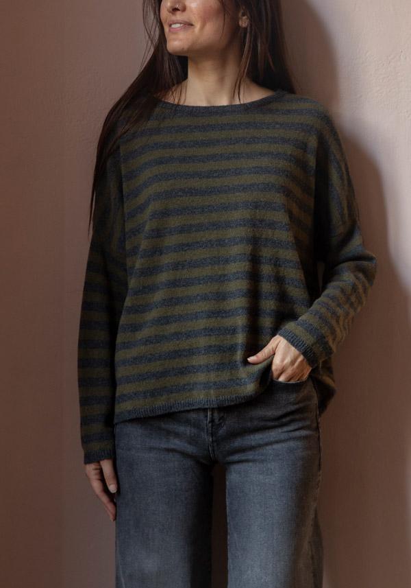 Rose & Lini THAT’S ALYKI CASHMERE “SOPHIE” KAKI & STONE STRIPED SWEATER