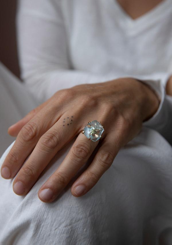 Rose & Lini VARIANCE OBJECTS “AQUAMARINE LARGE STONE” GOLD RING || Size 55