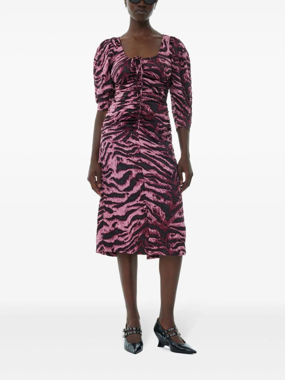GANNI Animal Printed Crinkled Satin U-neck Midi Dress
