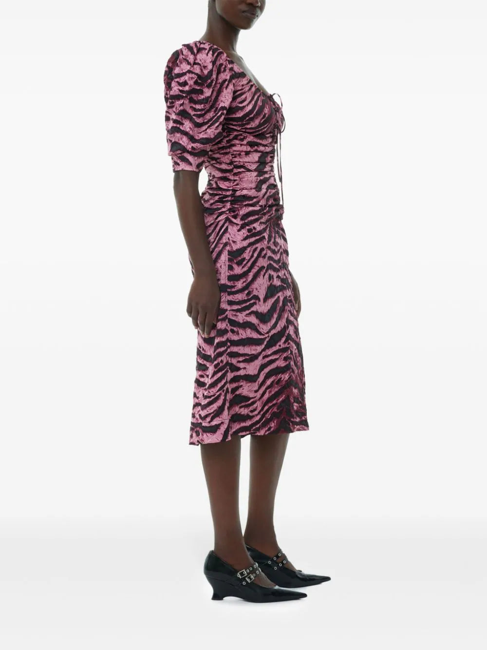 GANNI Animal Printed Crinkled Satin U-neck Midi Dress