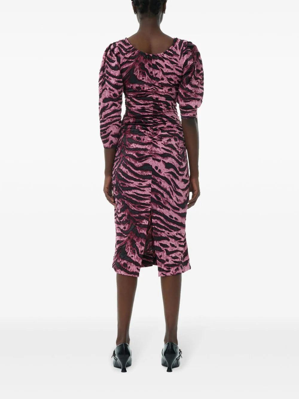GANNI Animal Printed Crinkled Satin U-neck Midi Dress