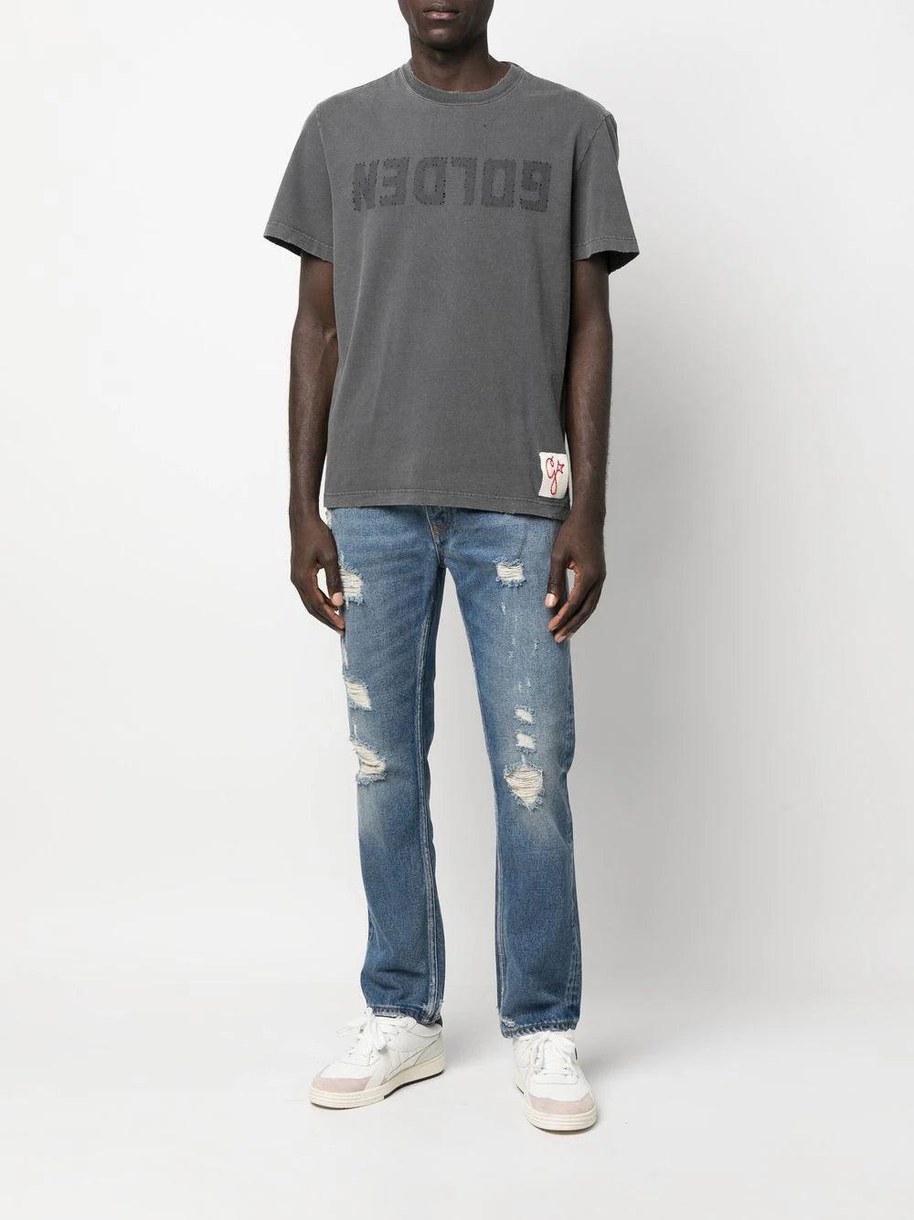 Golden Goose Anthracite Gray Men's T-shirt With Distressed Treatment
