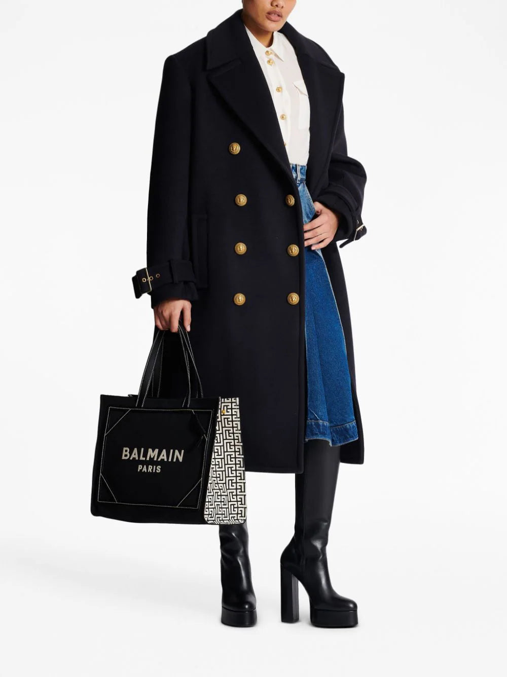 BALMAIN B-army 42 Shopper Bag In Canvas With Monogram And Smooth Leather