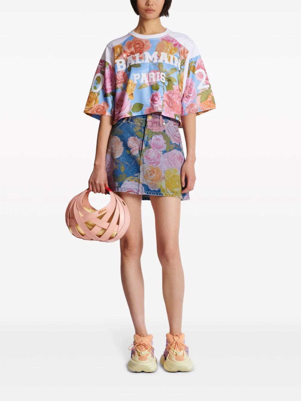 BALMAIN Balmain Baseball T-shirt With Pastel Roses Print