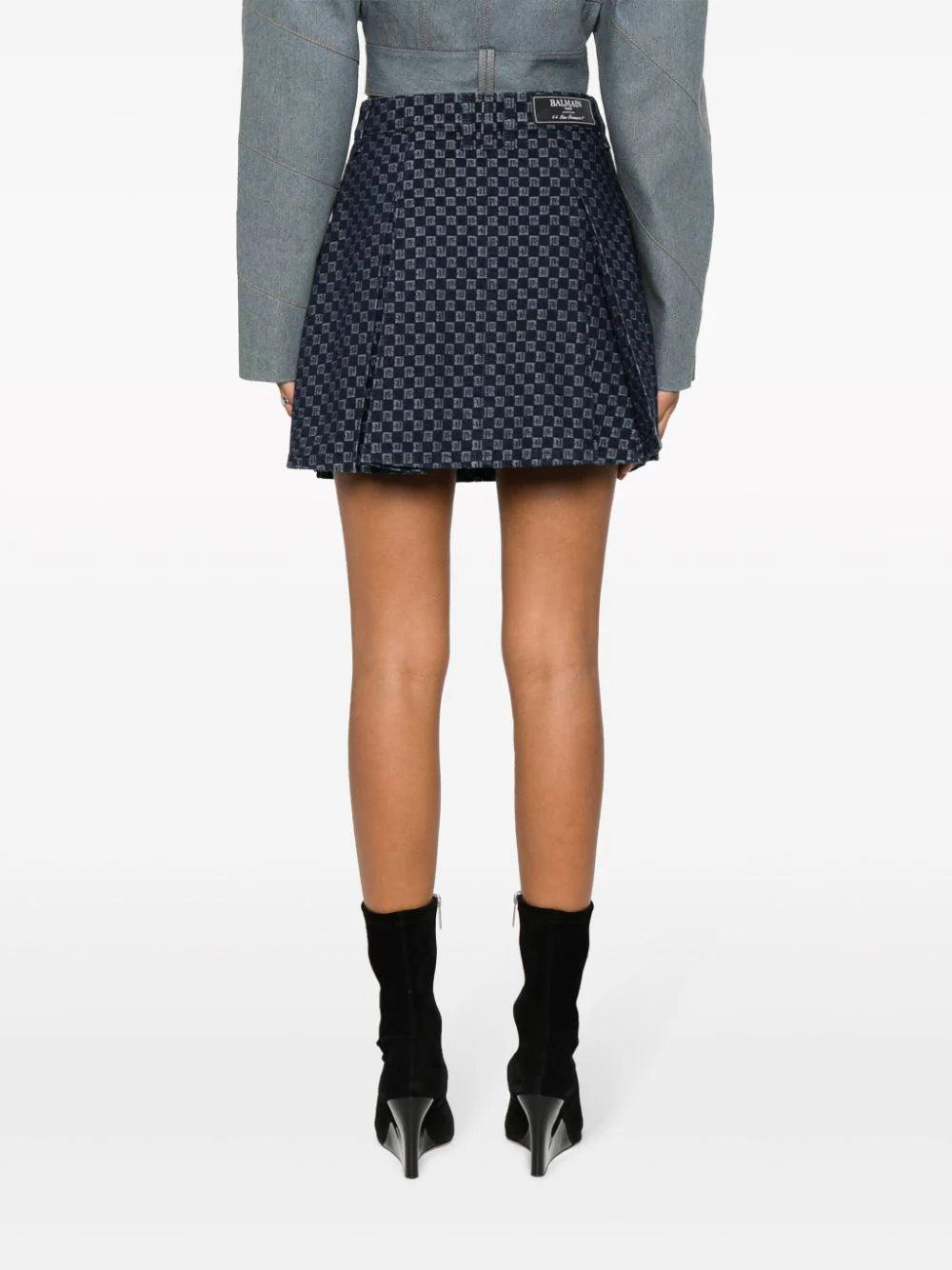 BALMAIN Monogrammed Short Denim Skirt