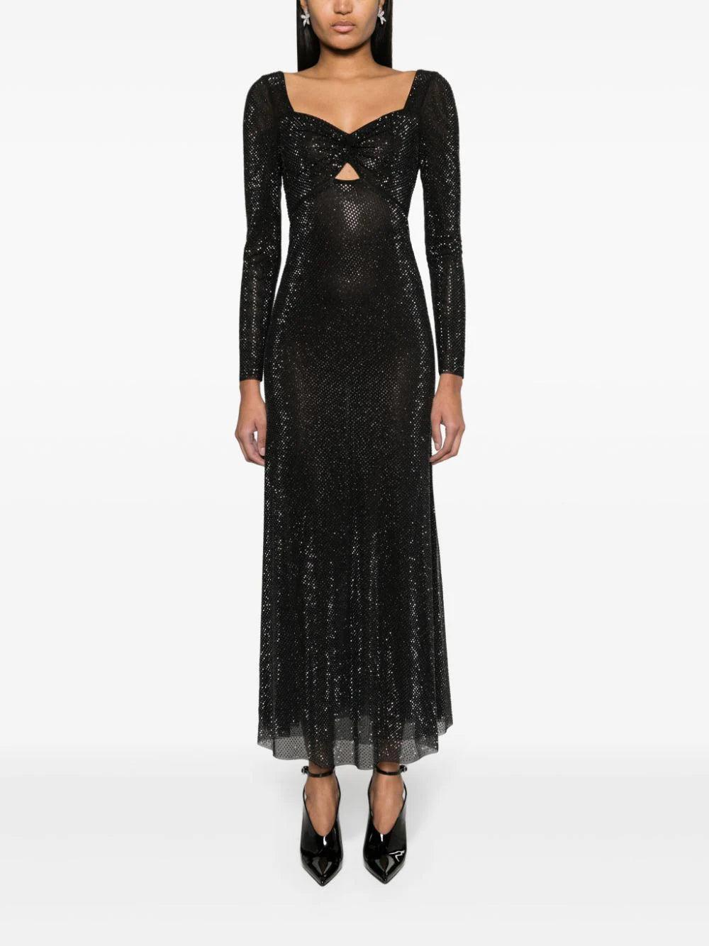 SELF PORTRAIT Black Rhinestone Mesh Sweetheart Midi Dress